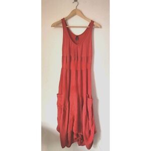 Inizio Italy Lagenlook Red Linen Dress Pockets Small Bohemian Lagenlook